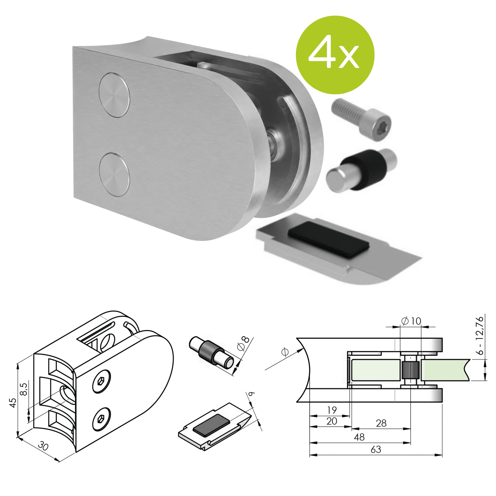 Glasklemme V2A fuer Rohr 42-4 mm 6 - 12-76 mm Glas halbrund 4er Set-89-11A250P042SET4-A.4