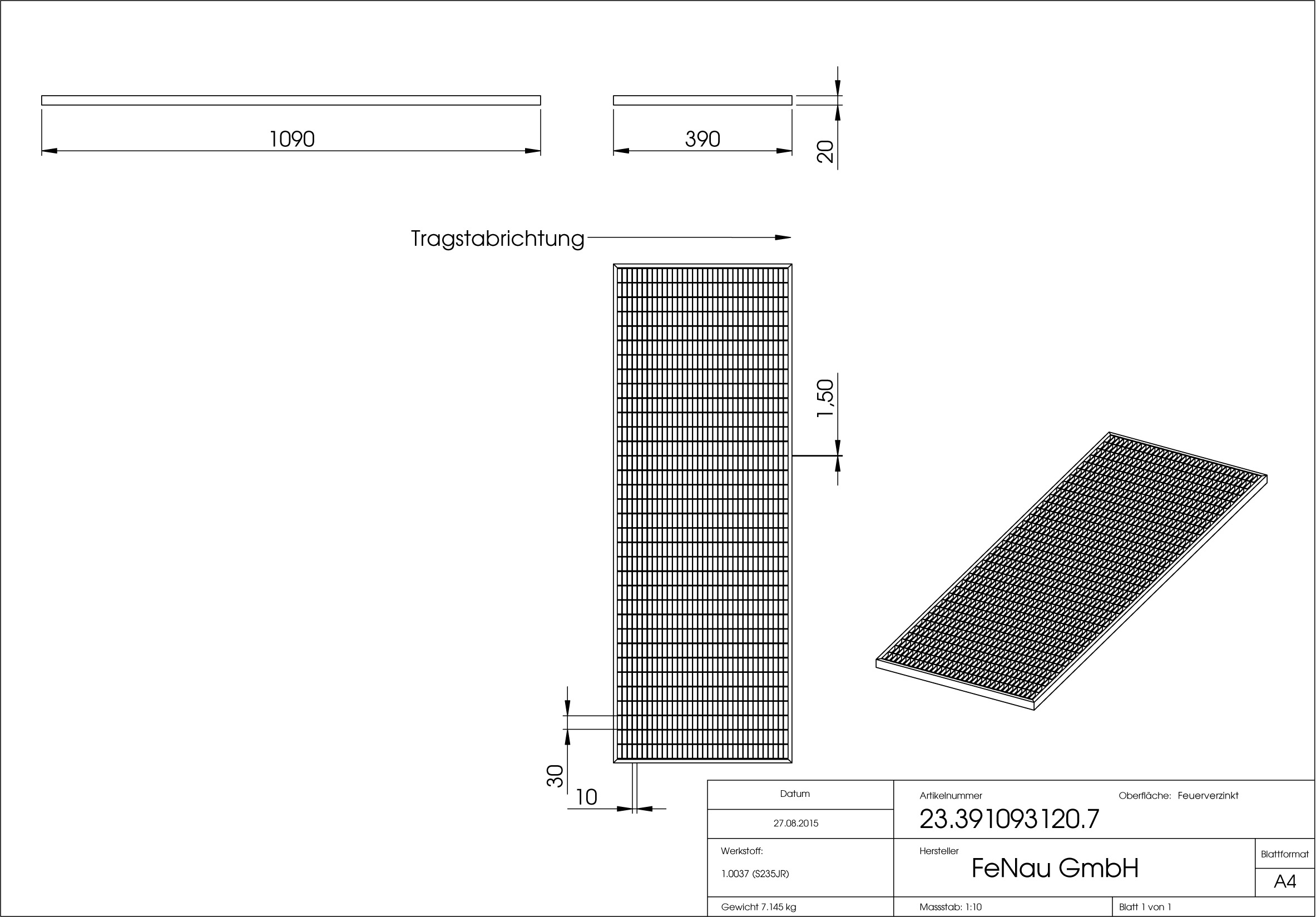 Lichtschachtrost Baunormrost - Masse-  390x1090x20 mm 30-10 mm - aus S235JR -St37-2- im Vollbad feuerverzinkt-23-391093120.7