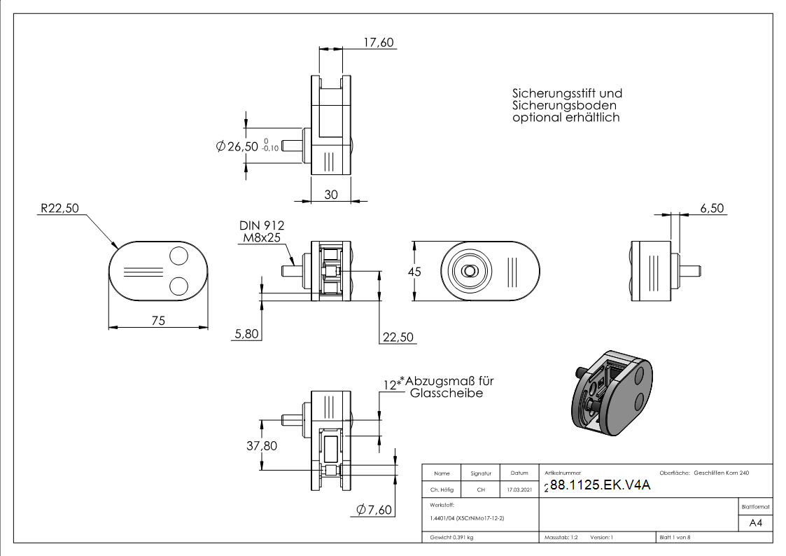 Sichtschutz Endglasklemme Edelstahl V4A -1-4401-04- Halbrund gerade-88-1125-EK.V4A