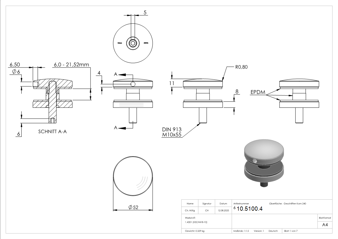 Glaspunkthalter Ø 52 mm- V2A- Anschluss- Flach -mit abP-10-5100.4