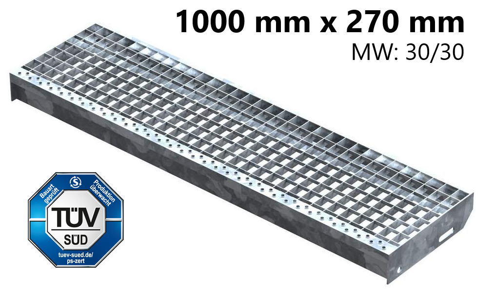Gitterroststufe Treppenstufe Masse- 1000x270 mm 30-30 mm S235JR -St37-2- im Vollbad feuerverzinkt-40-1002730.7