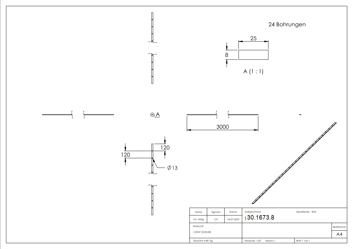 Flacheisen gelocht - Laenge- 3000 mm - 24 Lochungen - Stahl -Roh- S235JR-30-1673.8