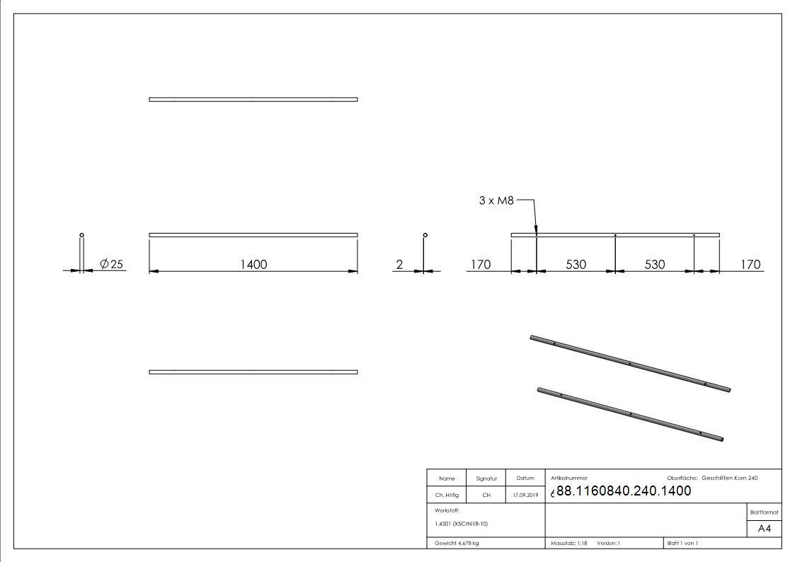 Laufschiene V2A Rohr 25x2 mm 1400 mm mit 3x Gewinde M8-88-1160840-240.1400
