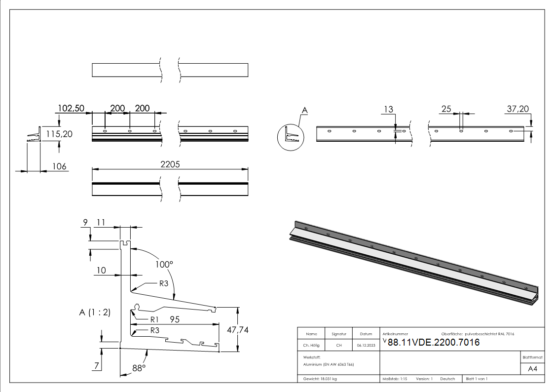 Vordachprofil Aluminium pulverbeschichtet RAL 7016 L 2205 mm eleganza canopy mit ETA-88-11VDE-2200.7016