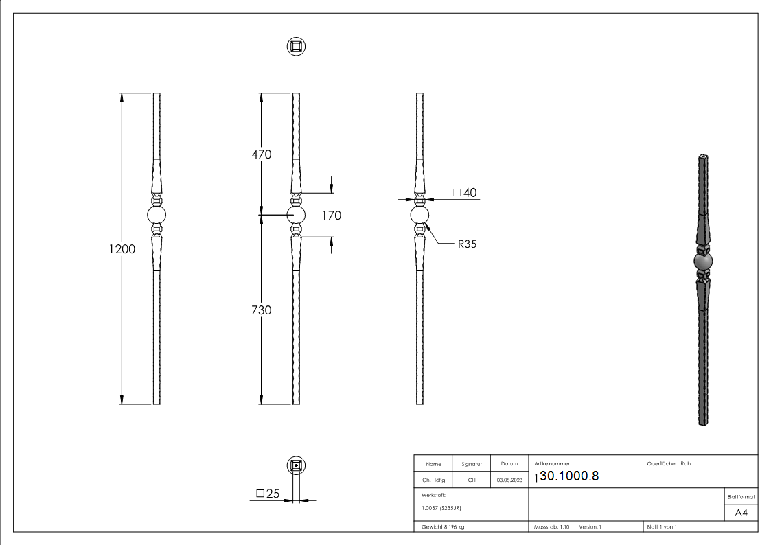 Anfangsstab Laenge- 1200 mm Material- 25x25 mm Stahl S235JR- roh-30-1000.8