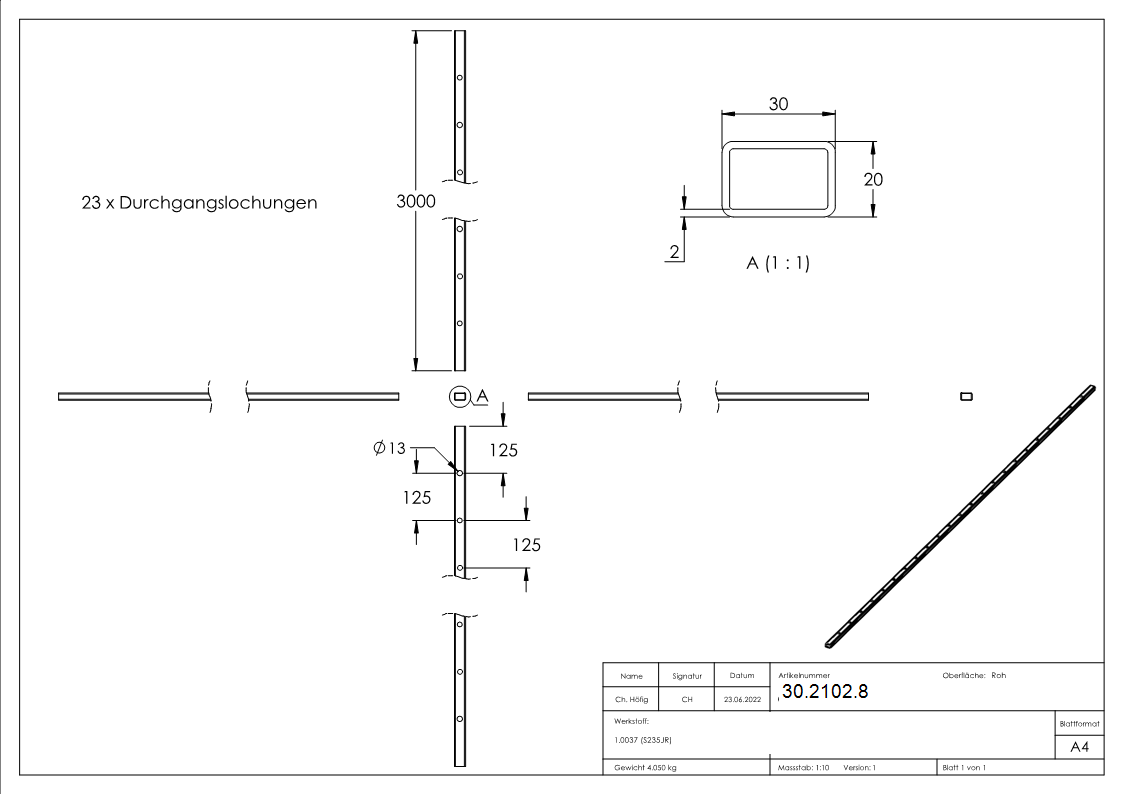Rechteckrohr - Masse- 30x20x2 mm - Laenge- 3000 mm - Stahl S235JR- roh-30-2102.8