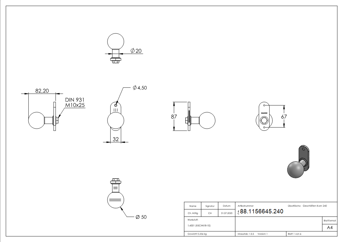 Tuerknopf Edelstahl V2A Ø 50 mm mit Kurzschild feststehend-88-1156645.240