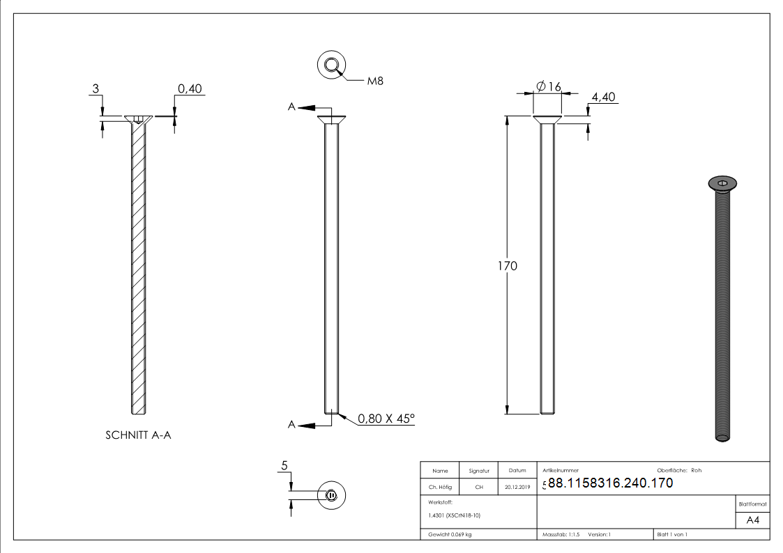 Senkkopfschraube V2A Edelstahl M8x170 ISO 10642 Vollgewinde Innensechskant-88-1158316-240.170