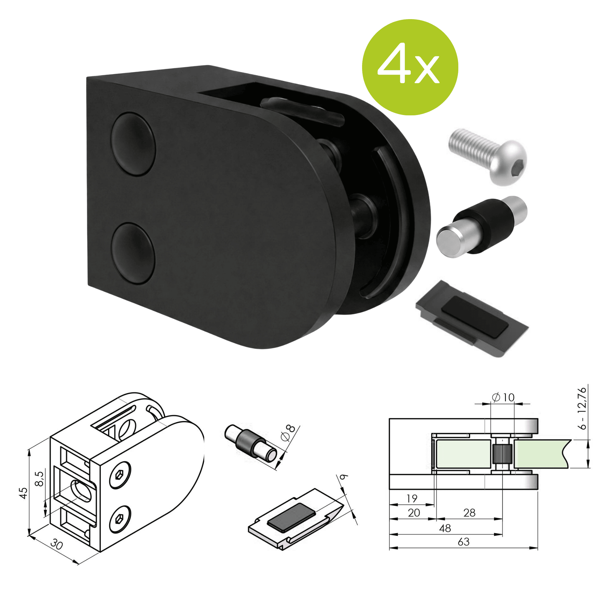 Glasklemme V2A fuer 6-12-76 mm Glas flach Schwarz pulverbeschichtet 4er Set-89-11ABL250P000SET4-A.4