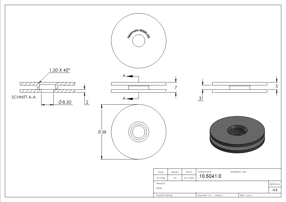 1 Paar Ersatzgummis fuer Glaspunkthalter Ø 40 mm – Gummieinlage - Dichtung-10-5041.0