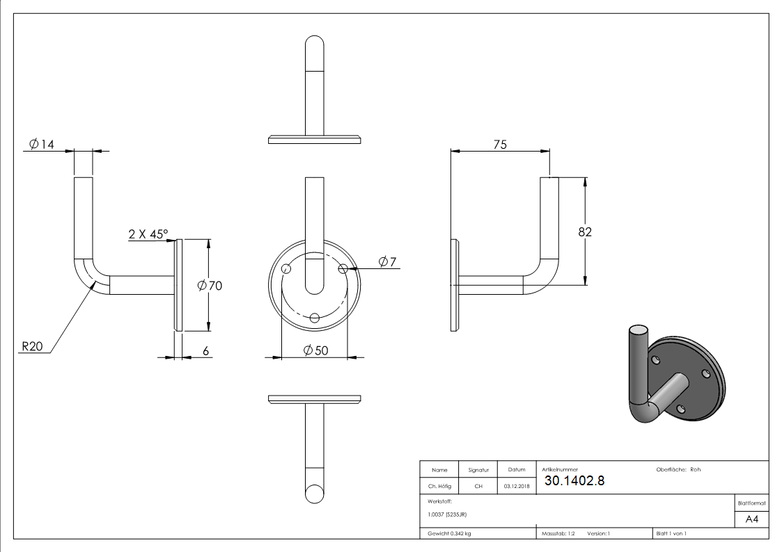 Handlaufhalter - mit Ronde 70x6 mm - zum Anschweissen - Stahl S235JR- roh-30-1402.8