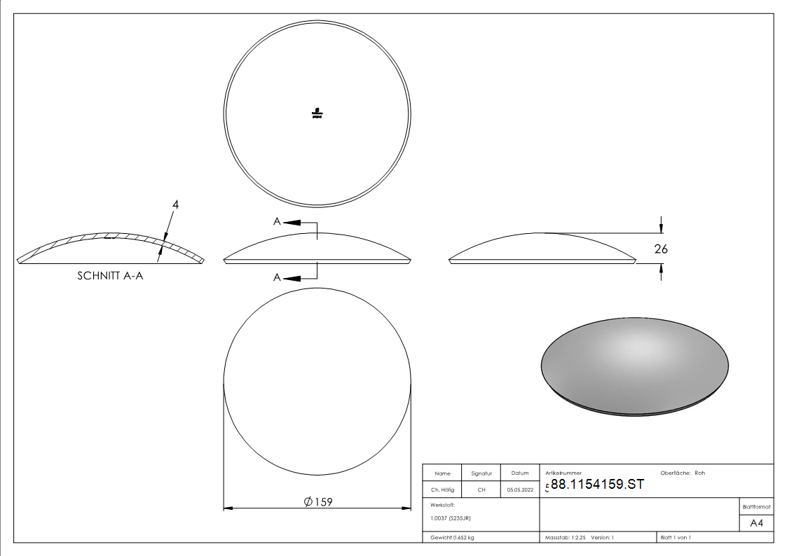 Halbrundschale Stahl roh Ø 159 mm- Materialstaerke 4-0 mm- Hoehe 26 mm-88-1154159.ST
