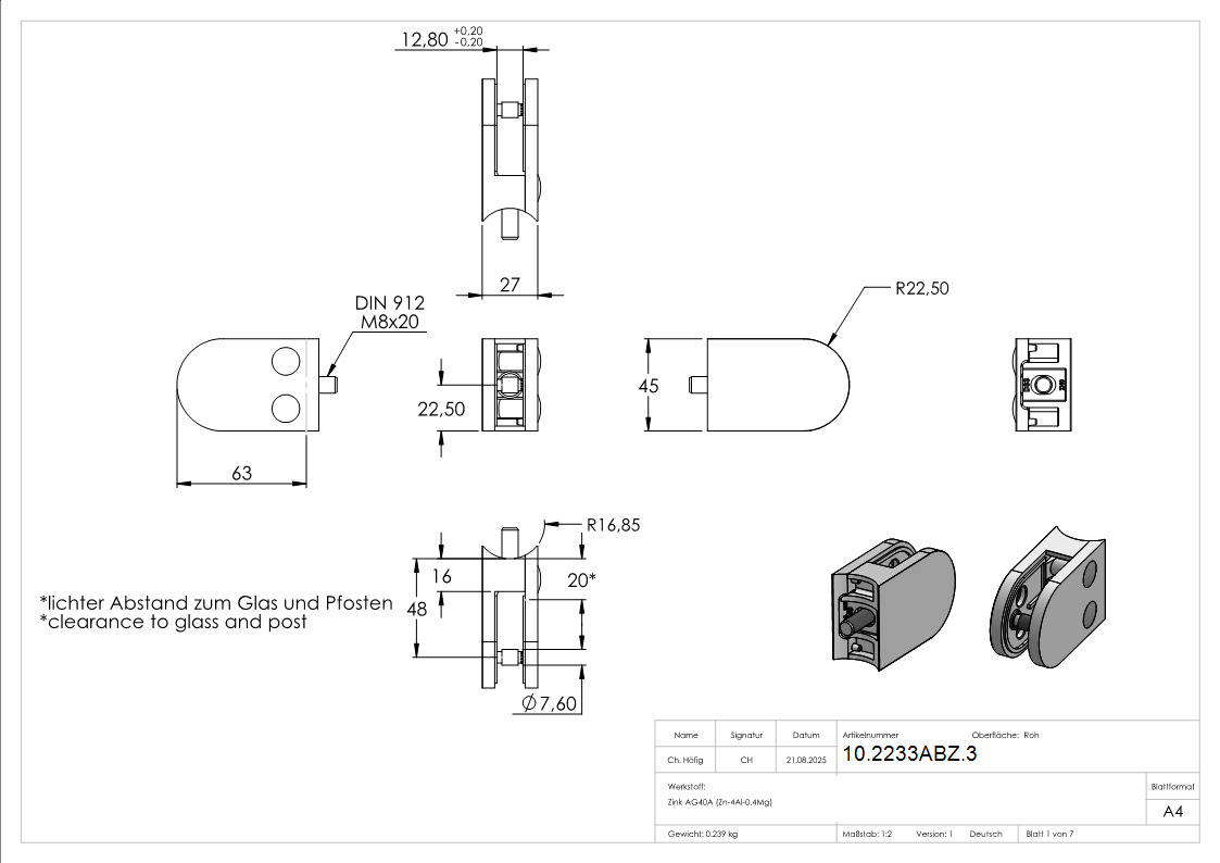 Glasklemme 63x45x28 mm AbZ fuer Anschluss Ø 33-7 mm Zink-10-2233ABZ.3