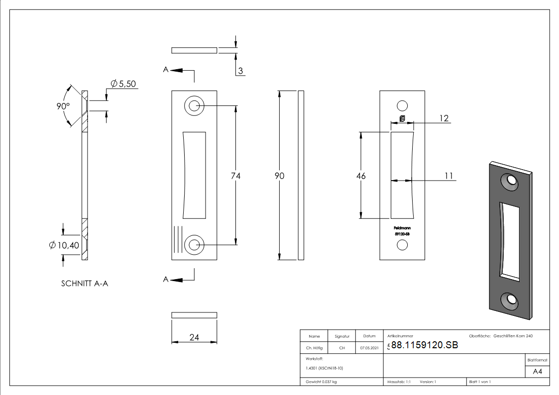 Schliessblech Edelstahl V2A geschliffen fuer Einsteck-Riegelschloesser-88-1159120.SB