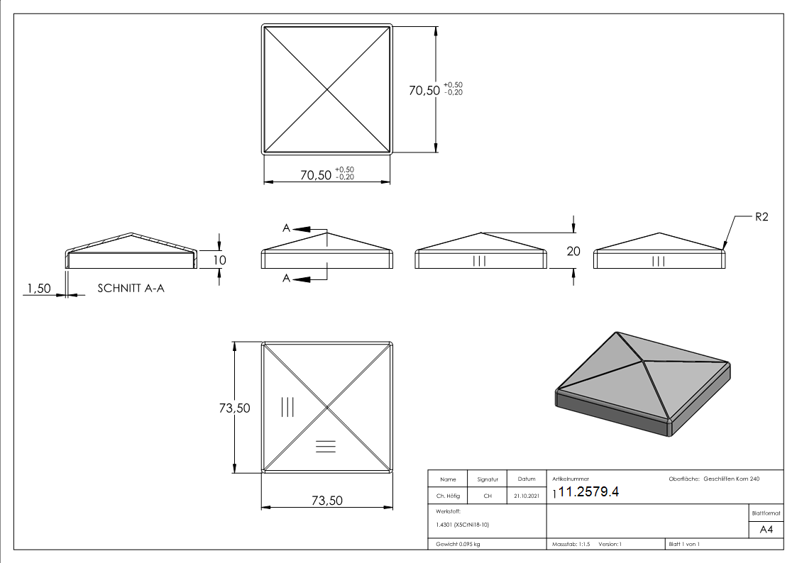 Pfostenkappe Edelstahl fuer Vierkantrohr- 70x70 mm geschliffen V2A-11-2579.4