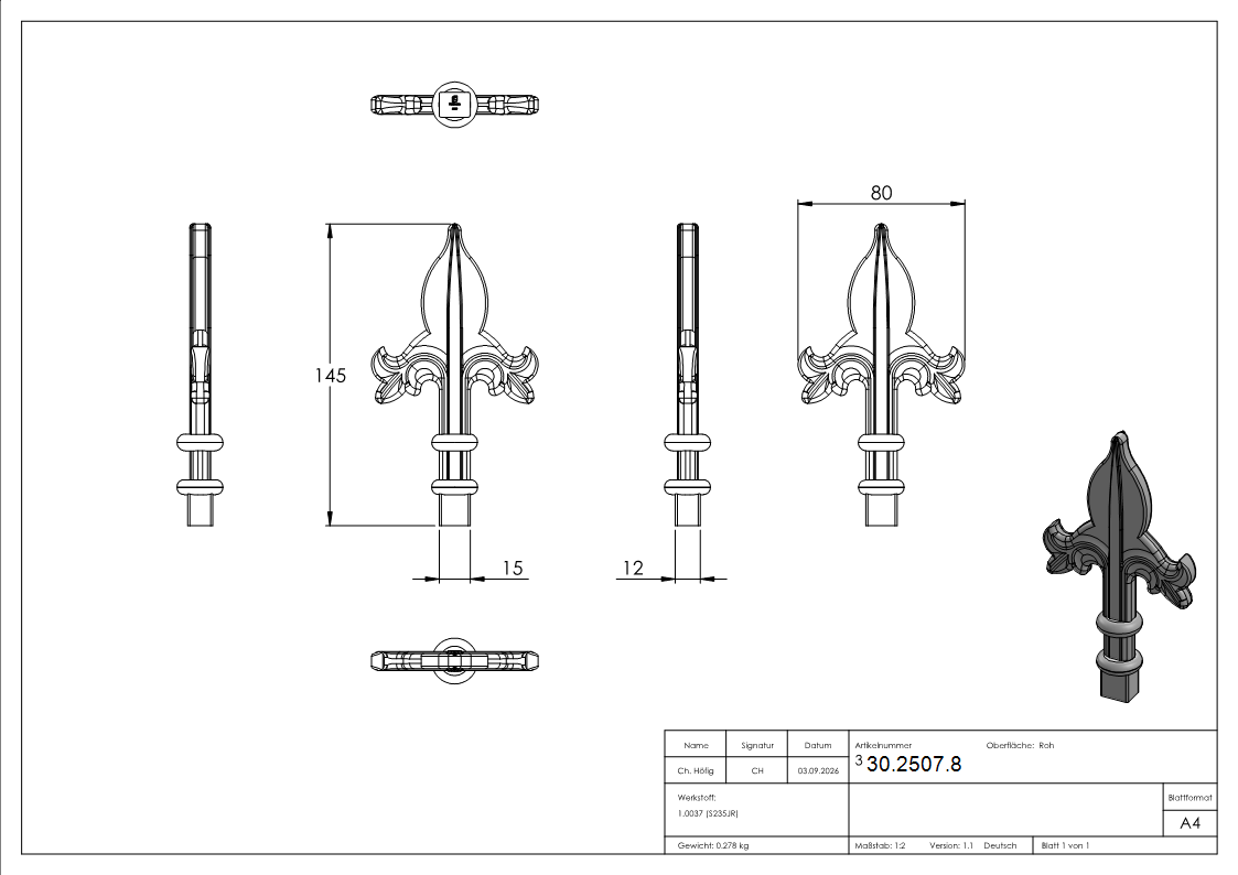 Zaunspitze - Hoehe- 140 mm - Material- 14x14 mm - Stahl S235JR- roh-30-2507.8