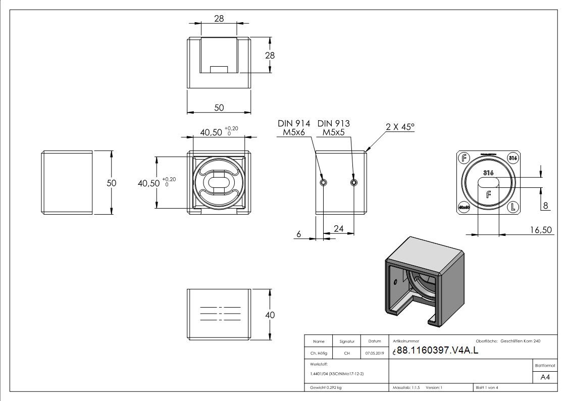Wandbefestigung Edelstahl V4A fuer Quadratnutrohr 40 x 40 mm links-88-1160397-V4A.L