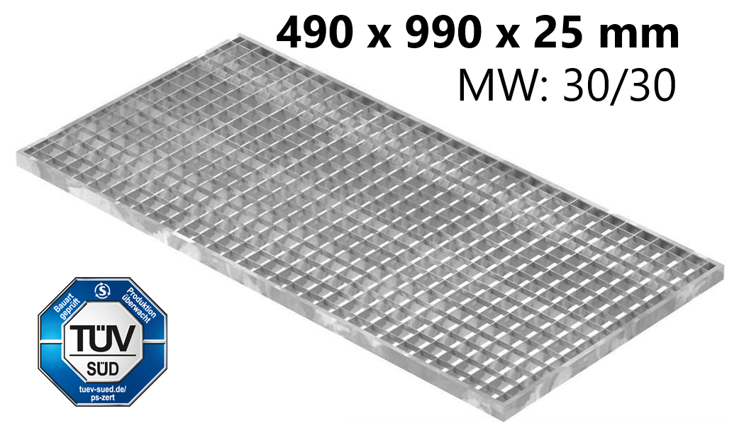 Lichtschachtrost Baunormrost - Masse-  490x990x25 mm 30-30 mm - aus S235JR -St37-2- im Vollbad feuerverzinkt-23-49993025.7