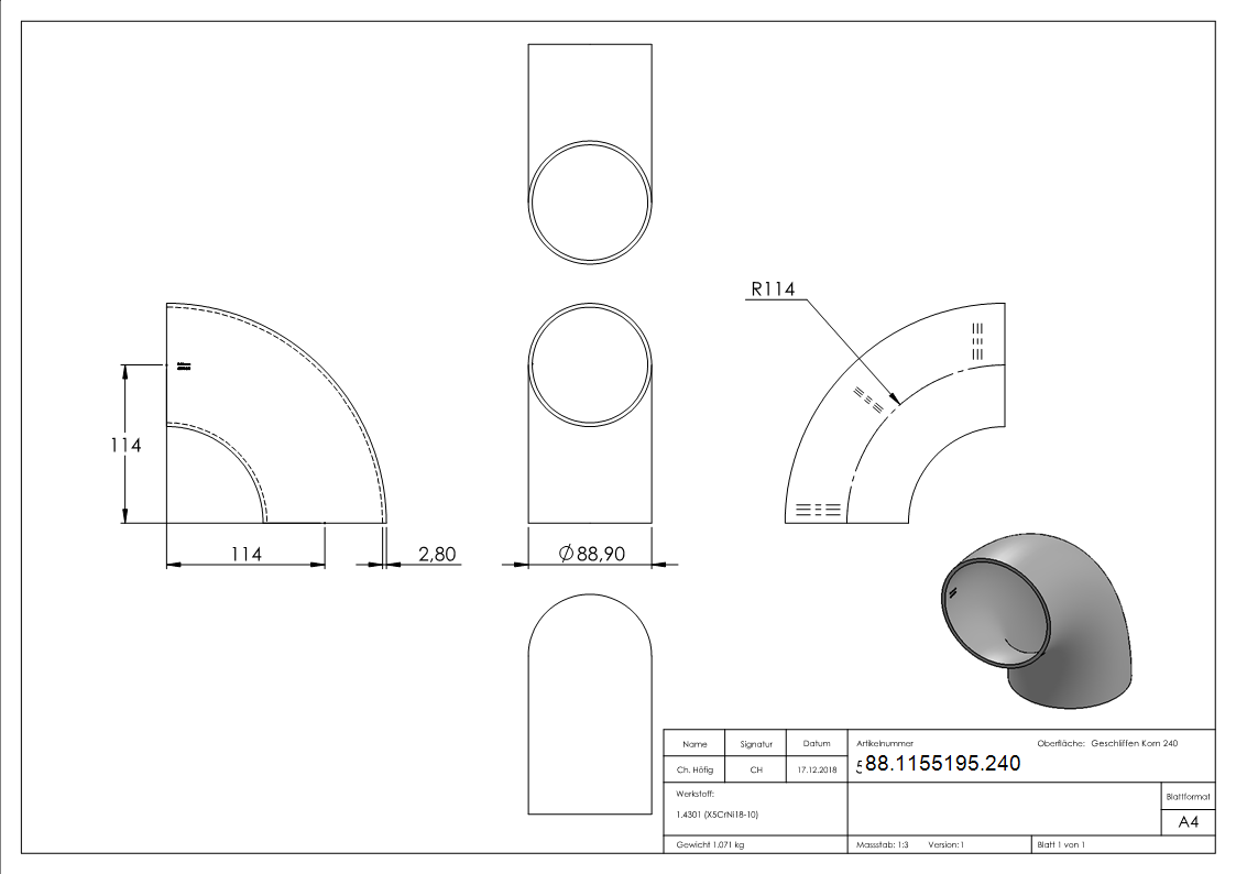 Schweissbogen 90°- 88-9 x 2-8mm- V2A- Bauart 3-88-1155195.240