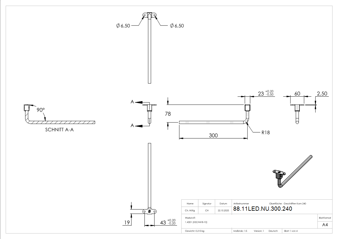 LED-Anschlussplatte mit Stift 300mm- V2A-88-11LED-NU-300.240