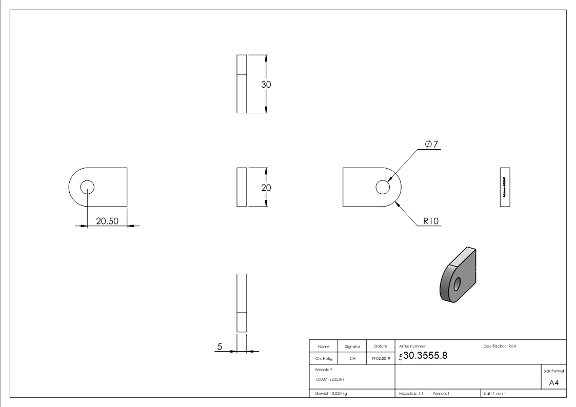 Anschweisslasche Stahl 30x20x5 mm Rundloch 7 mm-30-3555.8
