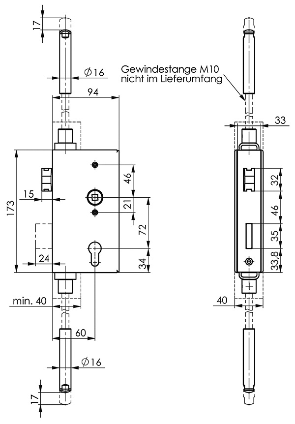 Kastenschloss Stahl verzinkt 40x94x173 mm fuer Mehrfachverriegelung-30-3257.8