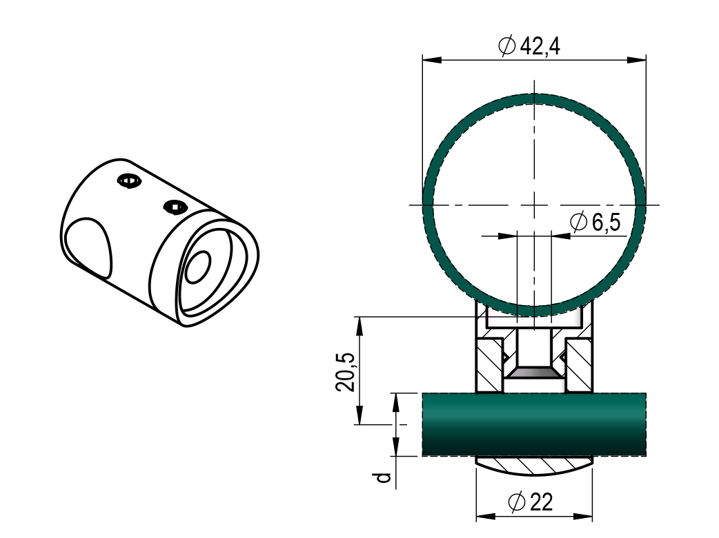 Querstabhalter V2A fuer Pfosten 42-4 mm - Stab 12 mm geschliffen-89-11A0830042-A.4