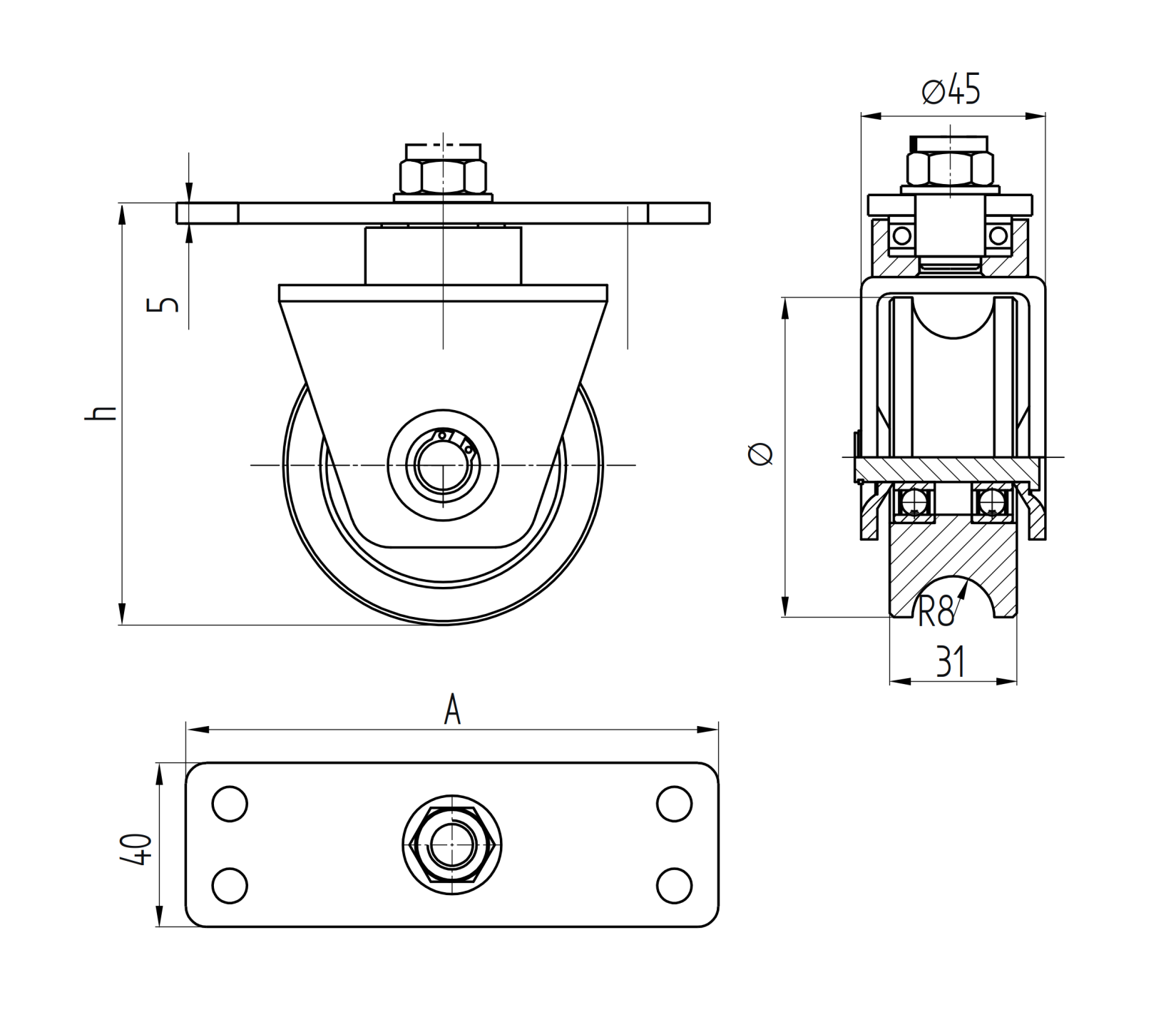 Laufrolle Stahl verzinkt Ø 58 mm mit U-Rille drehbar mit Anschraubplatte-89-11H31U60PL-A.4