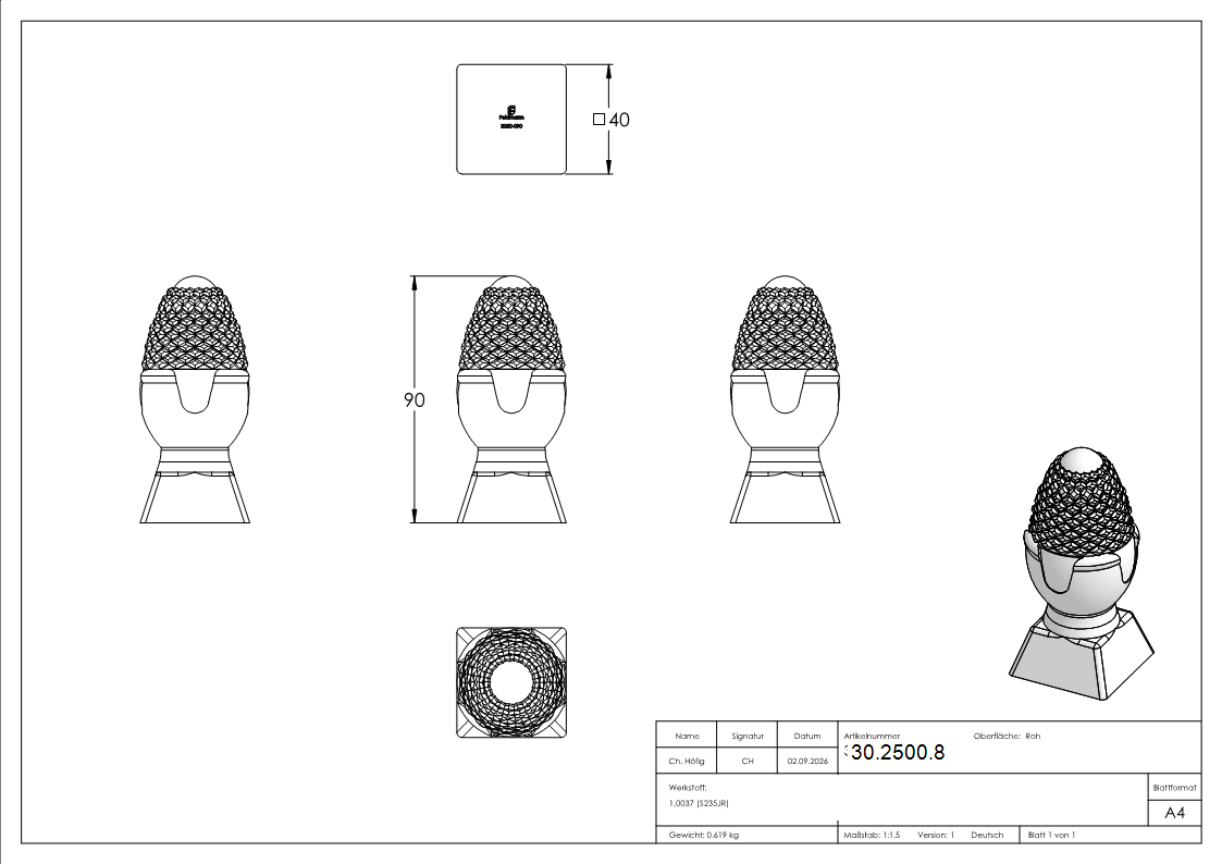 Zaunspitze - Hoehe- 85 mm - Material- Ø 43 mm - Stahl S235JR- roh-30-2500.8