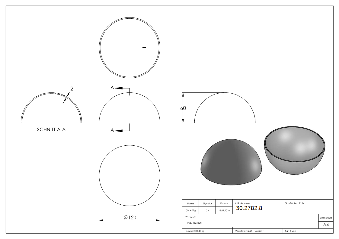Halbhohlkugel Ø 120 mm - glatt - Stahl S235JR- roh-30-2782.8