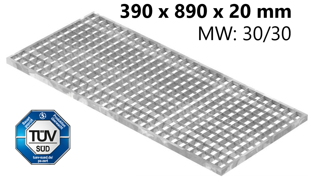 Lichtschachtrost Baunormrost - Masse-  390x890x20 mm 30-30 mm - aus S235JR -St37-2- im Vollbad feuerverzinkt-23-39893020.7
