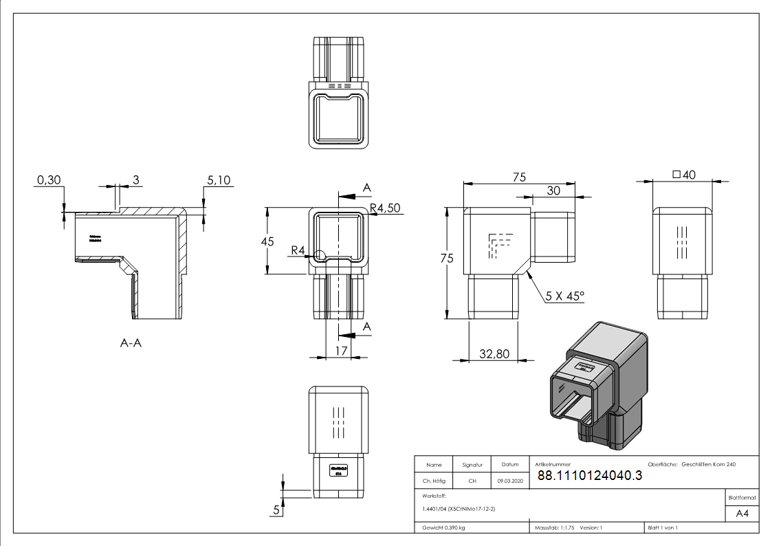 Steckverbinder V4A fuer Rohr 40x40x3-0 mm 90°-88-1110124040.3