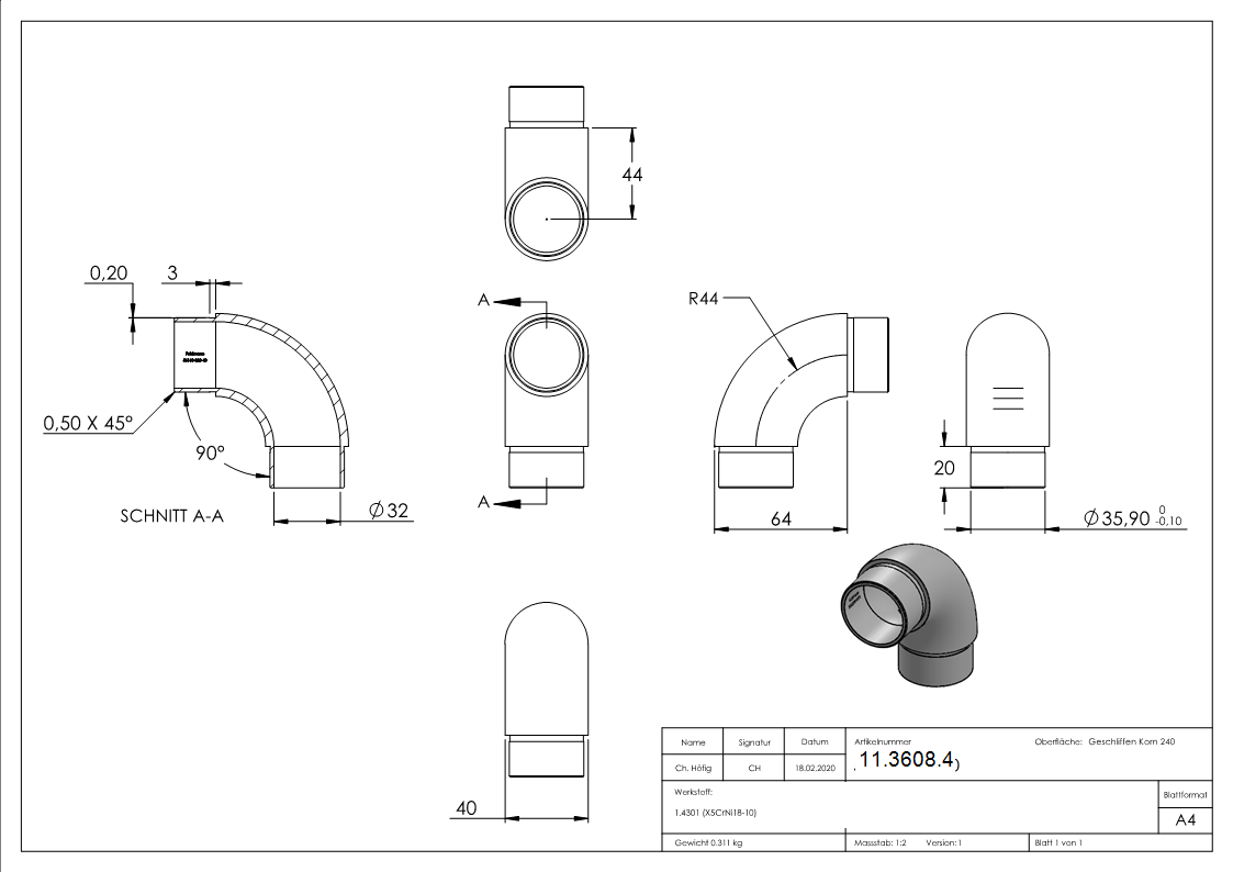 Rohrbogen V2A fuer Rohr Ø 40 x 2 mm 90° Steckfitting-11-3608.4