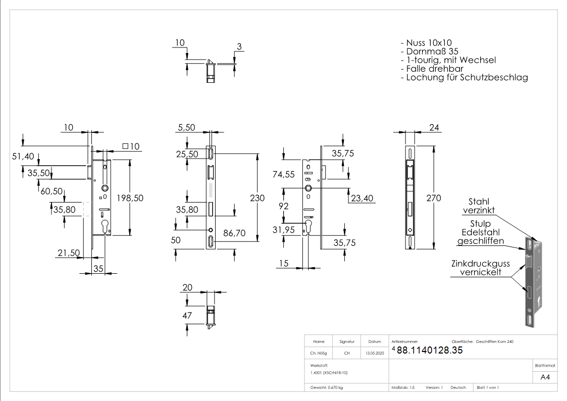 Rohrrahmenschloss verzinkt- Edelstahl Stulpe- Dornmass 35 mm- Abstand 92 mm- Nuss 10 mm-88-1140128.35