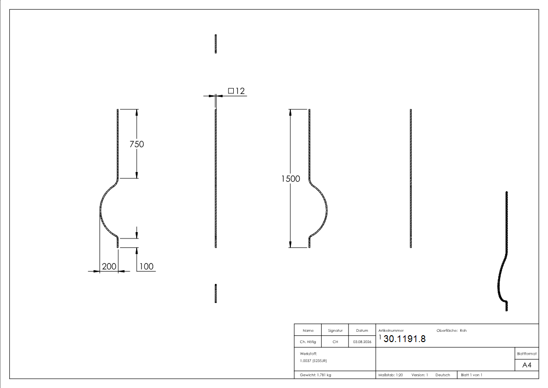 Bauchstab Laenge- 1500 mm Material- 12x12 mm Stahl S235JR- roh-30-1191.8