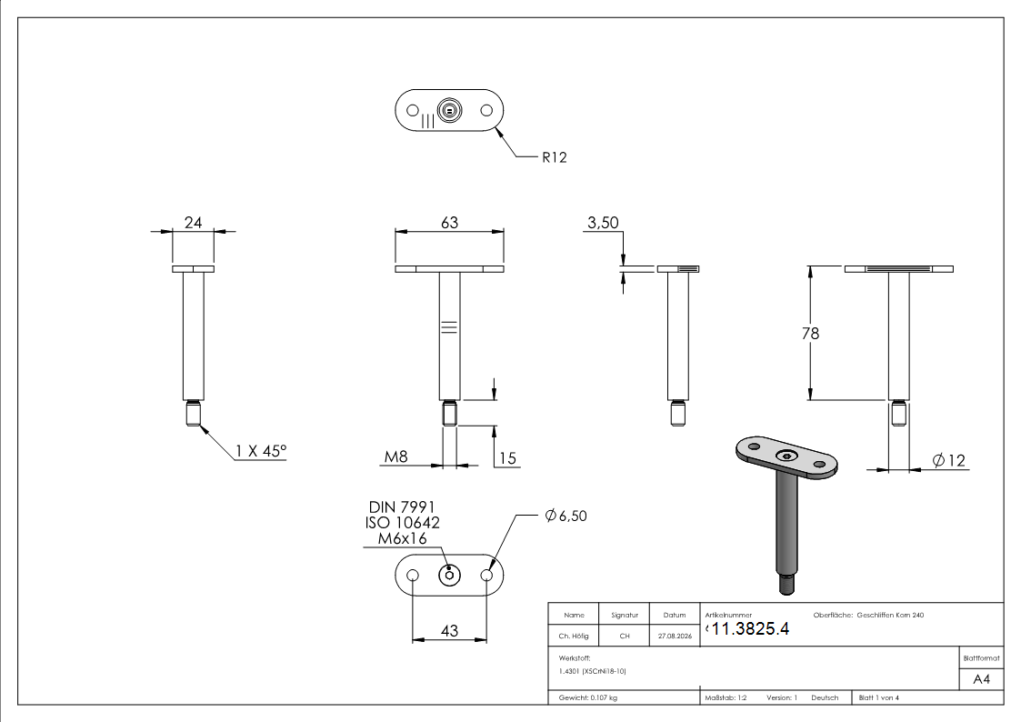 Edelstahl Traegerstift Ø 14 mm mit Halteplatte Anschluss- flach - Aussengewinde M8 - V2A-11-3825.4