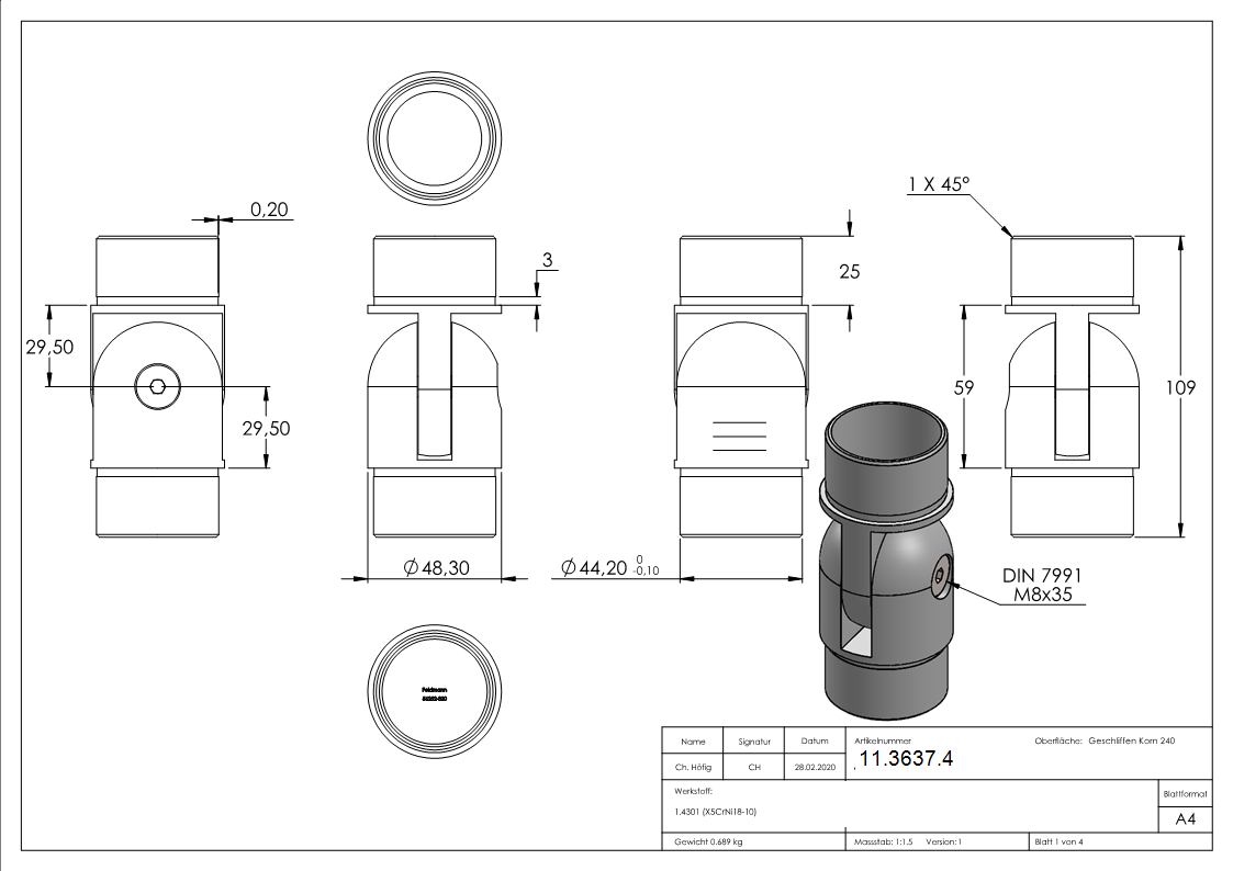 Gelenkstueck V2A fuer Rohr Ø 48-3x2-0 mm zum Stecken-11-3637.4