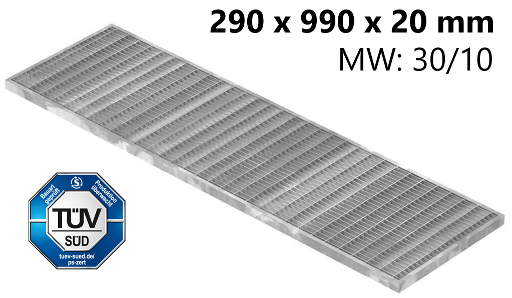 Lichtschachtrost Baunormrost - Masse-  290x990x20 mm 30-10 mm - aus S235JR -St37-2- im Vollbad feuerverzinkt-23-29993120.7