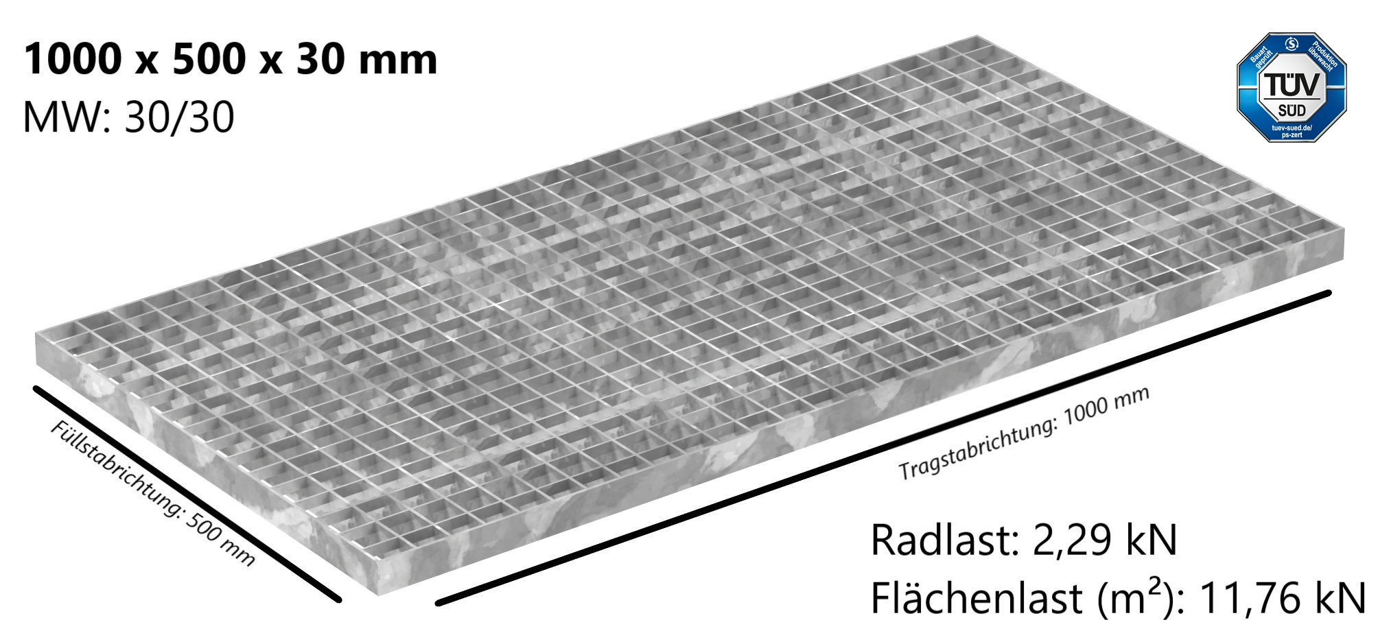 Industrie-Gitterrost - Masse- 1000x500x30 mm; MW 30-30 mm; 30-3 mm - S235JR -St37-2- im Vollbad feuerverzinkt-21-1005030303.7