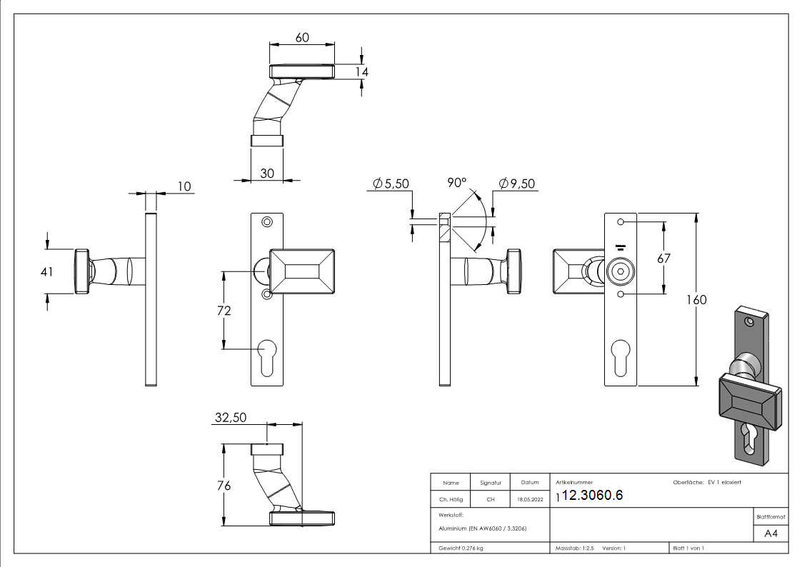 Alu-Tuerdruecker - Form- gekroepft - Aluminium EV1-12-3060.6