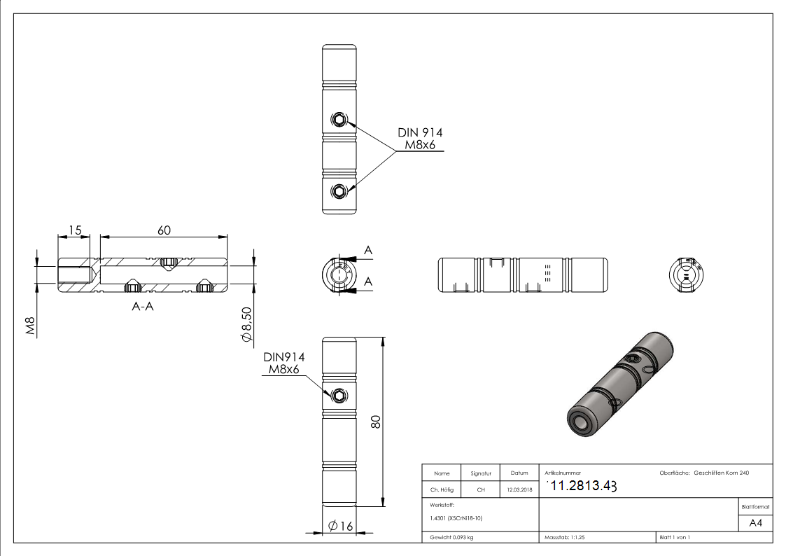 Gewindeterminal zur Selbstmontage - Fuer Seil Ø 8 mm - mit Innengewinde - V2A-11-2813.4