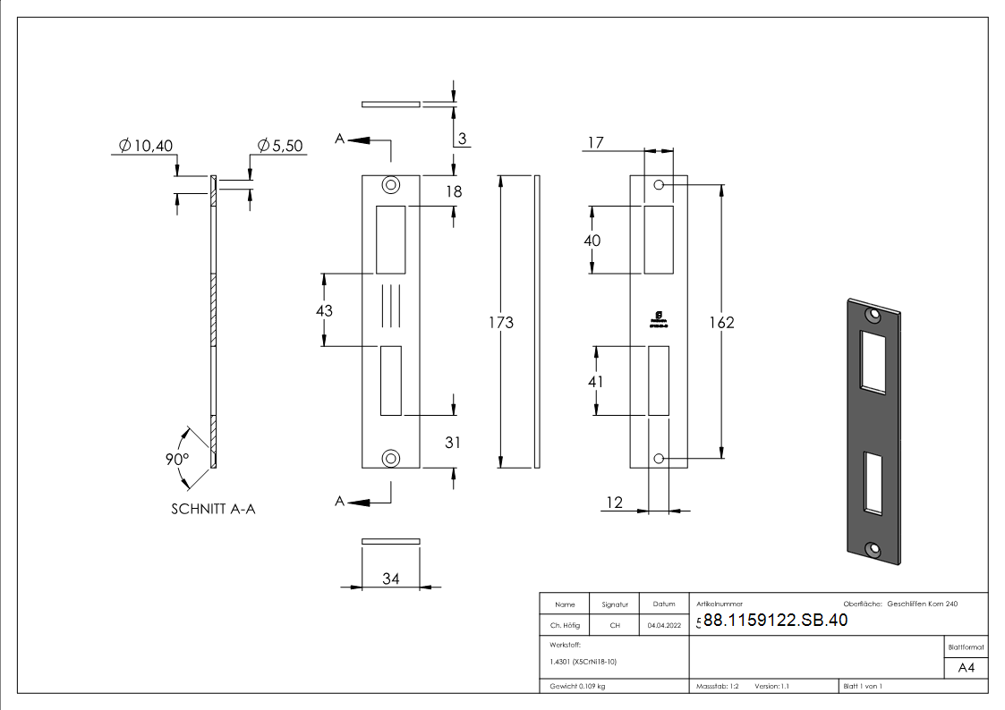 Schliessblech Edelstahl V2A fuer 40 mm Schiebetorschloesser geschliffen-88-1159122-SB.40