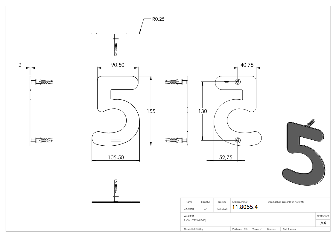 Hausnummer 5 - klein - Masse- 110 mm x 150 mm - V2A-11-8055.4