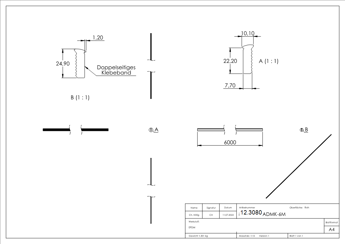 Abschlussdichtung - fuer Glas- 12-76-13-52 mm - fuer Profil-Aussenseite - mit doppelseitigem Klebeband - Kautschuk-12.3080