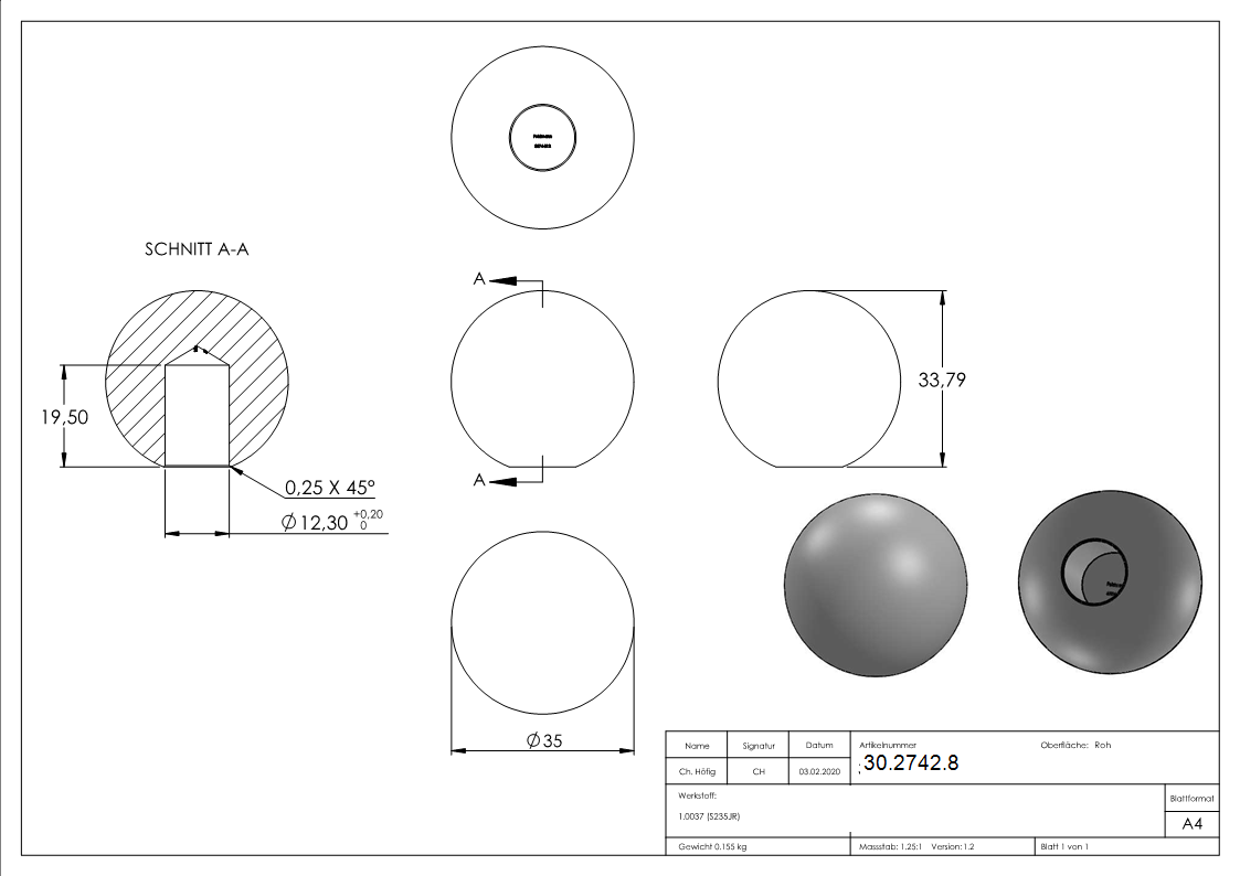 Kugel Ø 35 mm - mit Sackloch 12-2 mm - Stahl S235JR- roh-30-2742.8