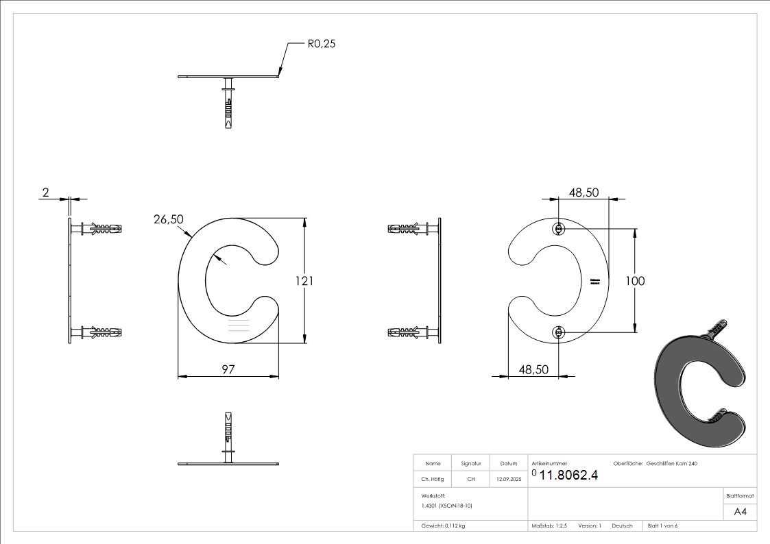Buchstabe c - klein - Masse- 110 mm x 155 mm - V2A-11-8062.4