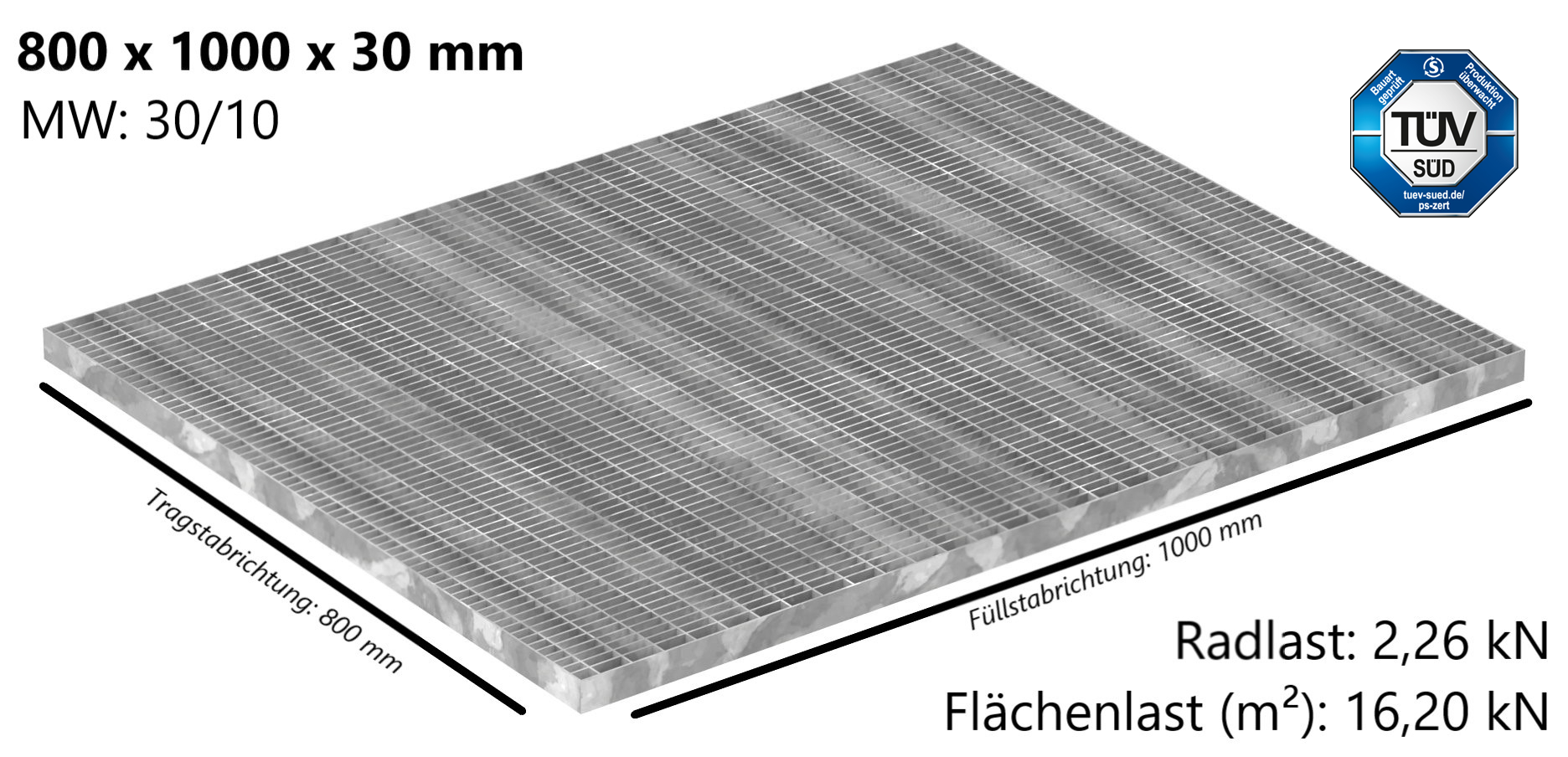 Industrie-Gitterrost - Masse- 800x1000x30 mm; MW 30-10 mm; 30-2 mm - S235JR -St37-2- im Vollbad feuerverzinkt-21-8010031302.7