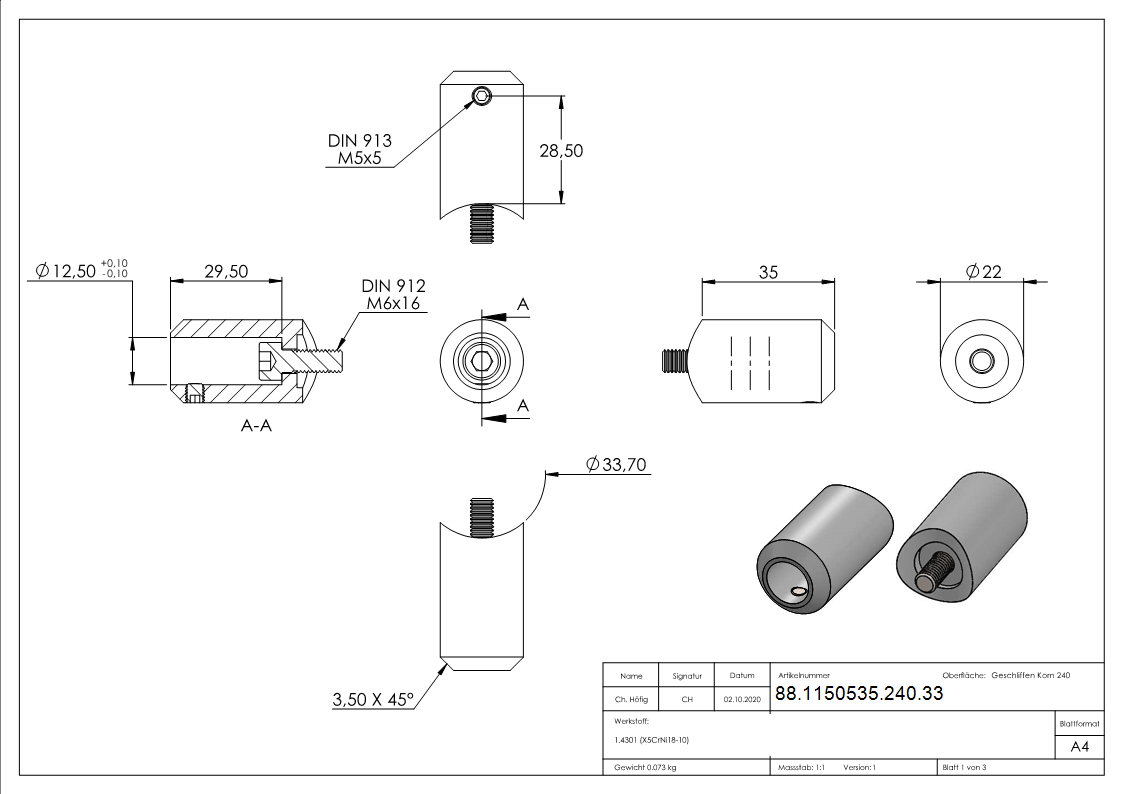 Querstabhalter Edelstahl V2A Bohrung Ø 12-5 mm Anschluss Ø 33-7 mm zum Stossen-88-1150535-240.33