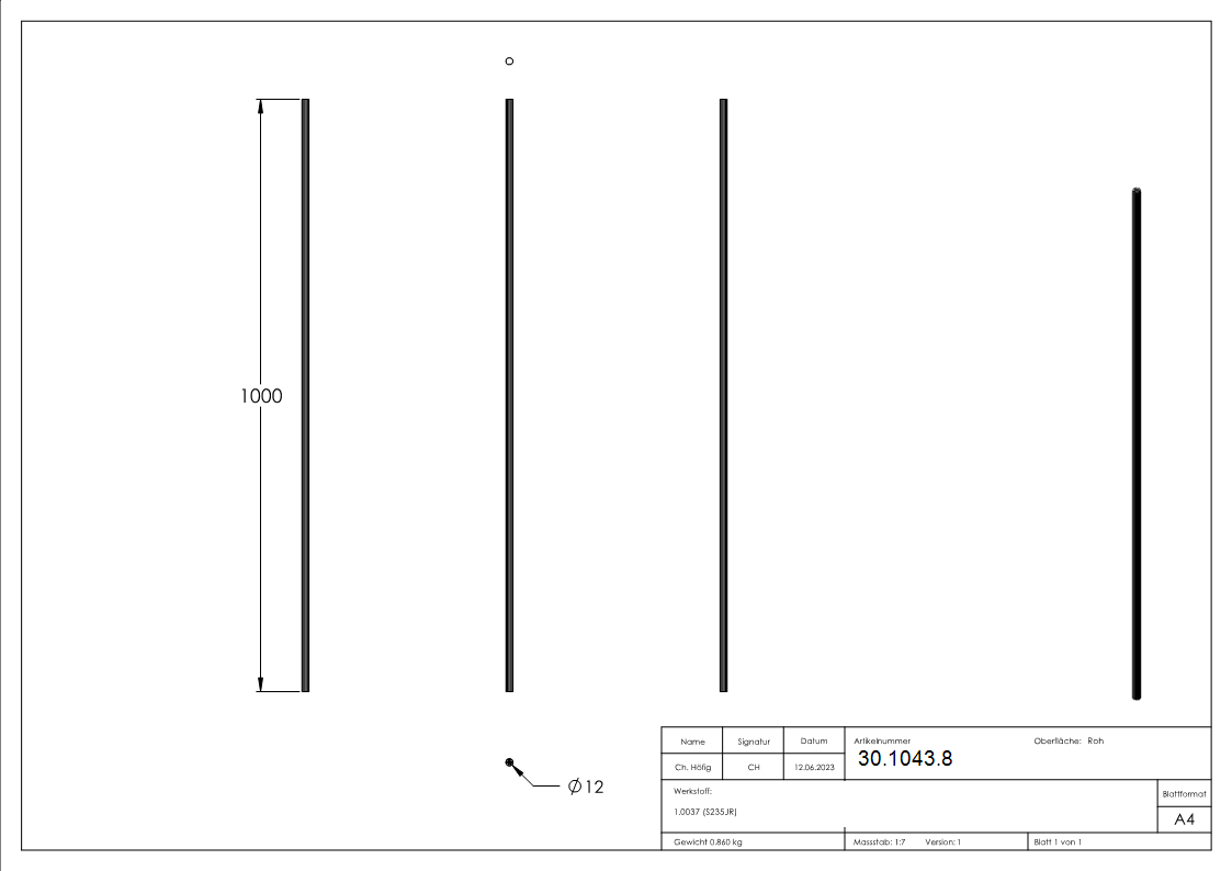 Zwischenstab - Laenge- 900 mm - Material- 12 mm - rund gehaemmert - Stahl S235JR- roh-30-1043.8