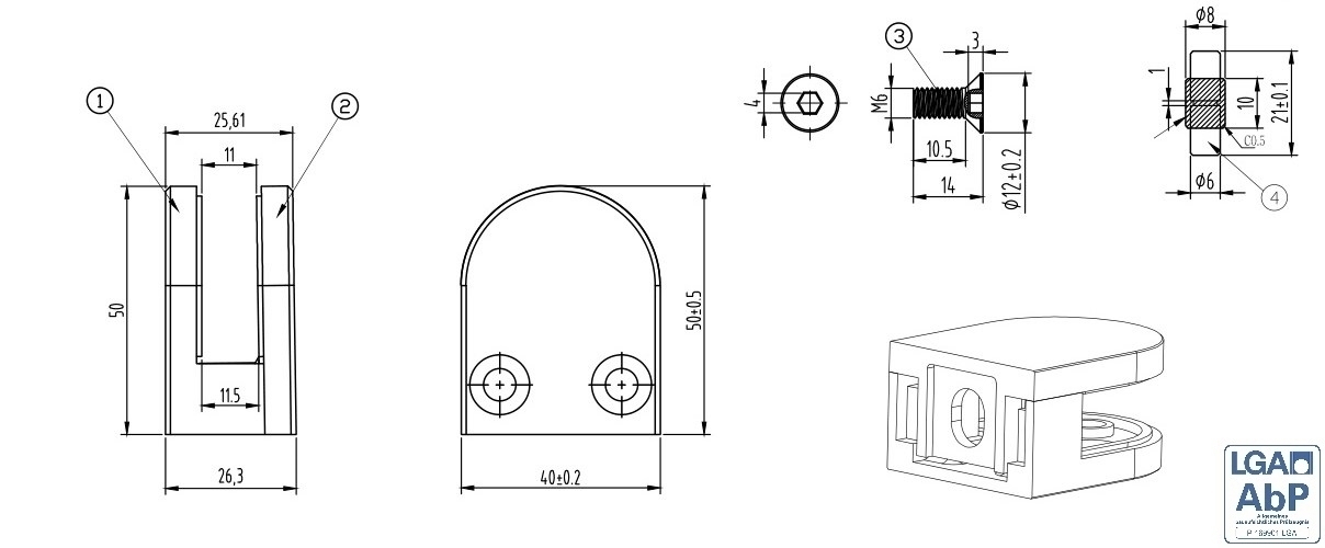 Glasklemme - Masse- 50x40x26 mm - Anschluss flach - V2A 1 Parr Gummis 6-00 mm ESG-18-2000-A.4-4